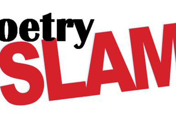 text reads poetry slam with slam in heavy red letters