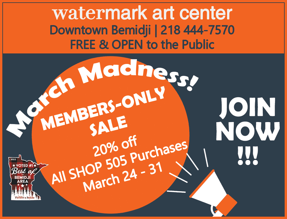 2023-march-madness poster done in Gray blue and orange with white letters and a megaphone.