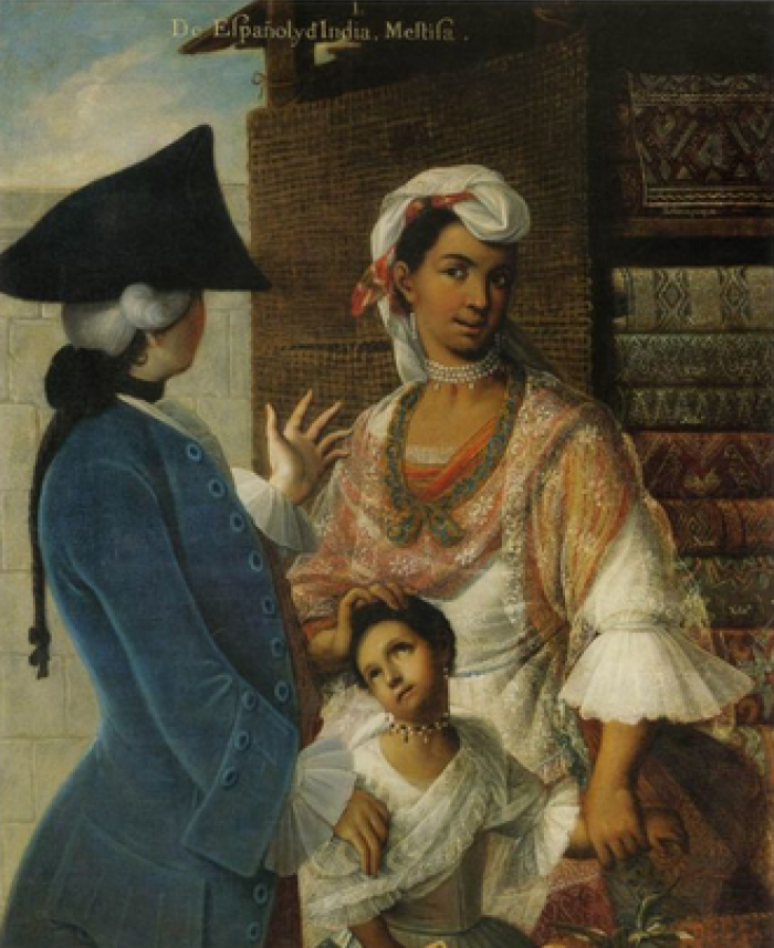 Casta painting of three humans. One a Brtitish revolutionary man in dark blue tricorner hat and blue velvet jacket is talking to a Mexican woman in beautiful clothing and a small girl being cared for by the woman. It appears they are standing outside of a fabric shop.
