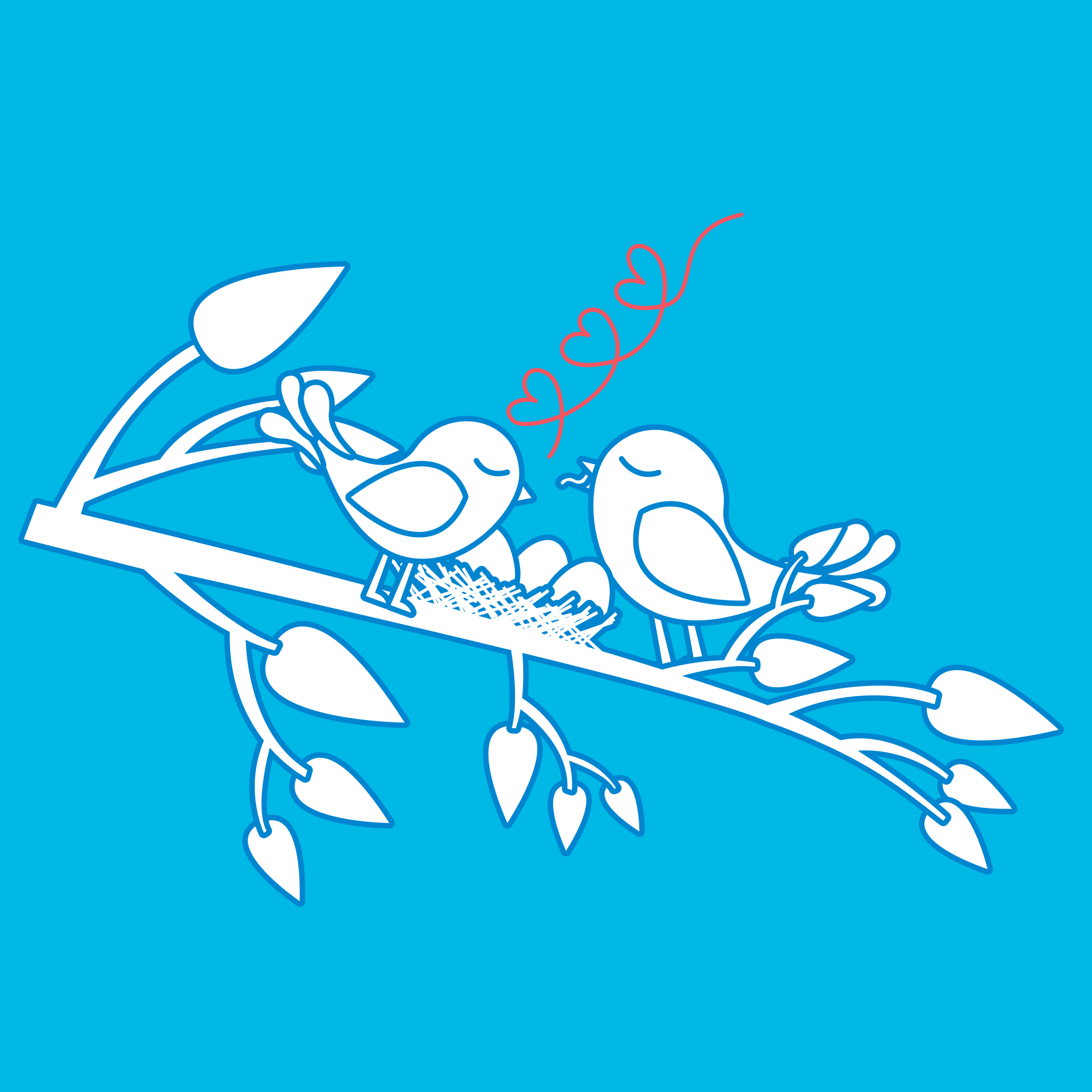 2024 May storyslam image of birds building a nest. Two birds on a branch with a straw nest and three eggs between them. The branch has groups of three leaves all is done in white. A red line of three hearts indicate bird song. Backround is a bright blue.