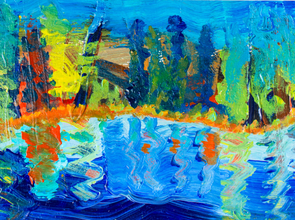 abstract painting of trees surrounding blue waters