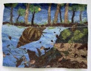 Tapestry depicting a pond with a small snail in the water