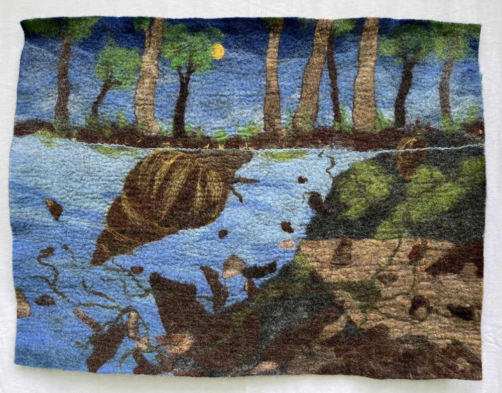 Tapestry depicting a pond with a small snail in the water
