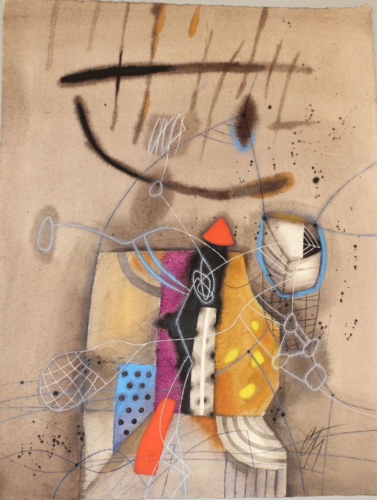 Multi colored abstract bright shapes on tan background