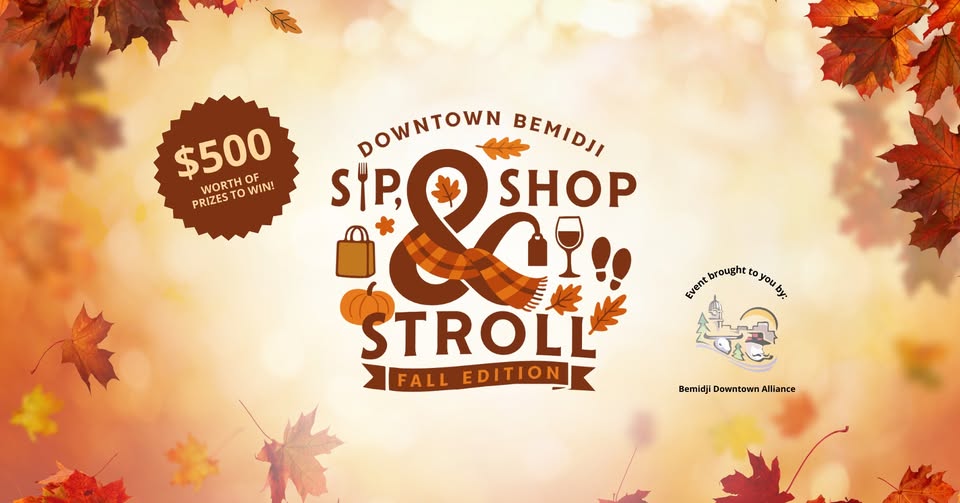 text equals shop, sip, and stroll fall edition. It's a logo on a fall themed background