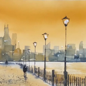 Urban city scene of a river walk in gold sunset sky