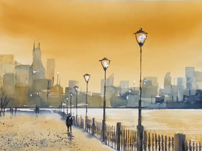 Urban city scene of a river walk in gold sunset sky