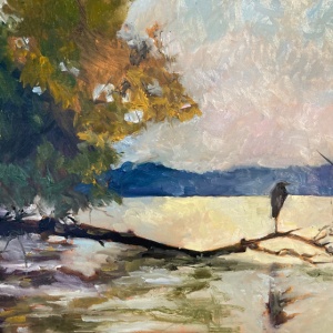 painting of a river scene and heron perched on a tree branch