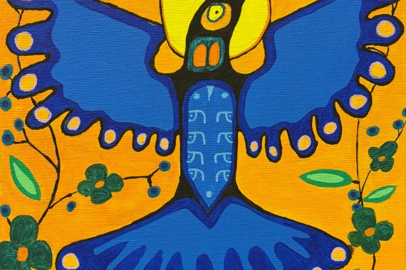 blue bird on brilliant orange background painted in Ojibwe style florals