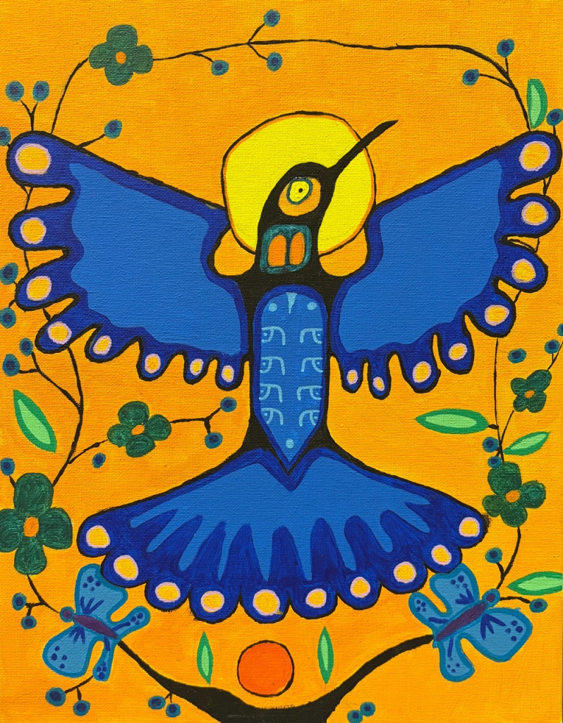 blue bird on brilliant orange background painted in Ojibwe style florals