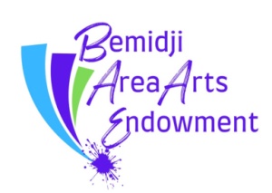 Bemidji Area Arts Endowment logo with a paint splat and swipes of blue, purple and green
