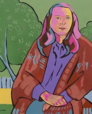 stylized colorful painting of a woman leaning on a fence in many