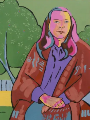 stylized colorful painting of a woman leaning on a fence in many